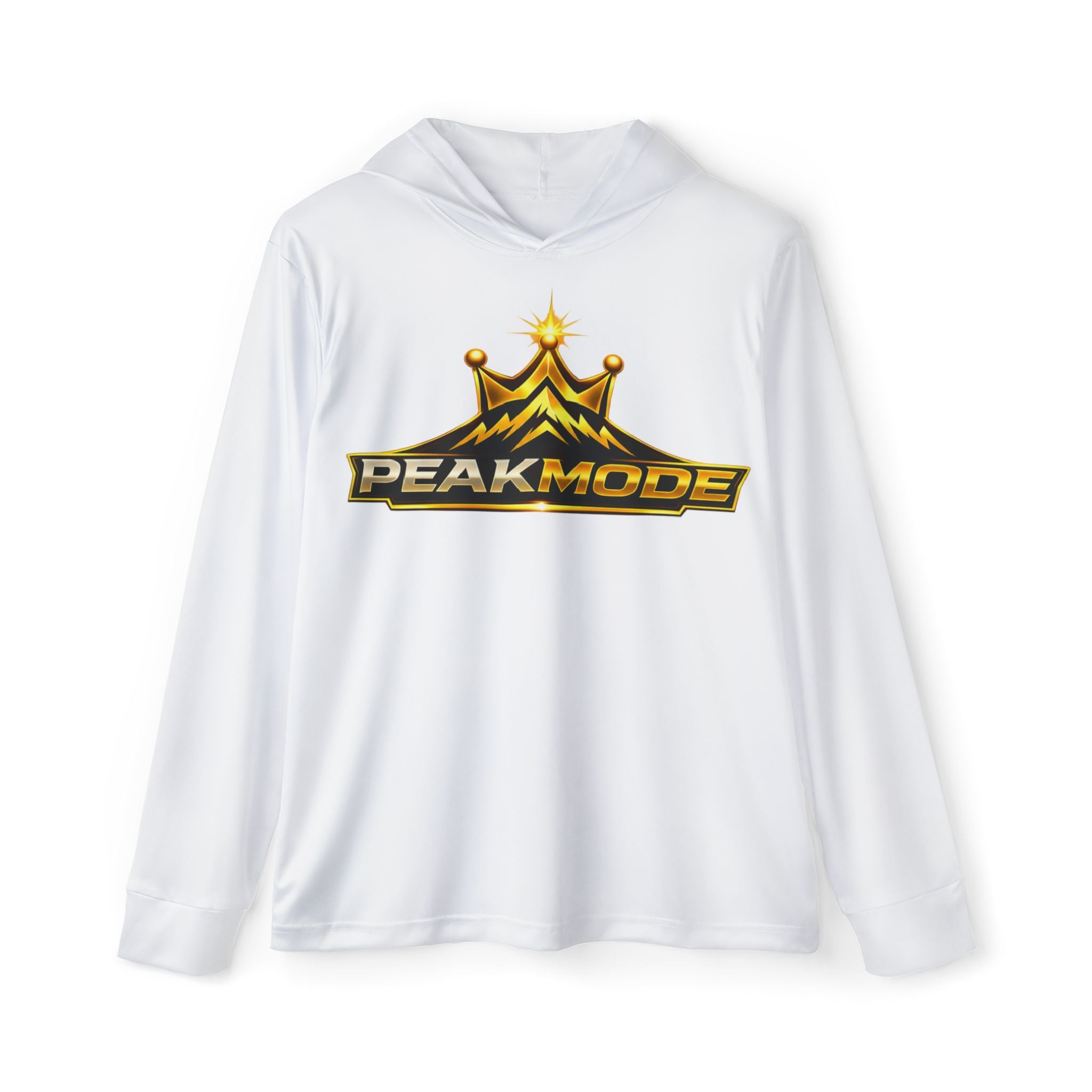 White hoodie with 'Peak Mode' logo on a white background